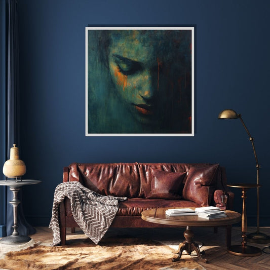 “Shades of Sorrow” by ArtixHub – figurative canvas wall art depicting a woman in grayscale tones with expressive emotion and fragmented detailing, ideal for reading nooks, bedrooms, or quiet lounge spaces. This moody and introspective piece brings dramatic depth and raw human expression to UAE homes with an eye for storytelling art.