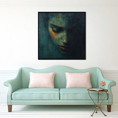 “Shades of Sorrow” by ArtixHub – figurative canvas wall art depicting a woman in grayscale tones with expressive emotion and fragmented detailing, ideal for reading nooks, bedrooms, or quiet lounge spaces. This moody and introspective piece brings dramatic depth and raw human expression to UAE homes with an eye for storytelling art.