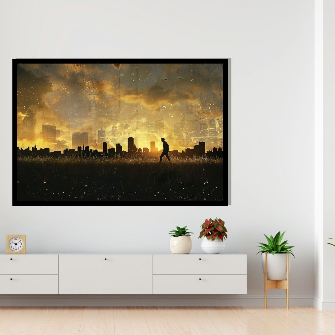 “Shadow Walk” by ArtixHub – surreal canvas wall art featuring a lone figure walking along a reflective city path under hazy skies, in soft gray, white, and gold tones. Ideal for offices, entryways, or studio spaces, this moody piece evokes solitude and contemplation, perfect for UAE homes that appreciate atmospheric storytelling through art.