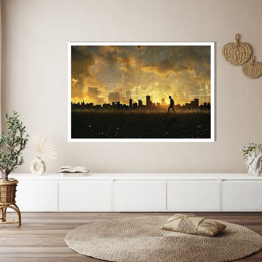 “Shadow Walk” by ArtixHub – surreal canvas wall art featuring a lone figure walking along a reflective city path under hazy skies, in soft gray, white, and gold tones. Ideal for offices, entryways, or studio spaces, this moody piece evokes solitude and contemplation, perfect for UAE homes that appreciate atmospheric storytelling through art.