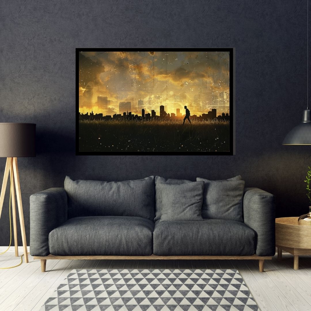 “Shadow Walk” by ArtixHub – surreal canvas wall art featuring a lone figure walking along a reflective city path under hazy skies, in soft gray, white, and gold tones. Ideal for offices, entryways, or studio spaces, this moody piece evokes solitude and contemplation, perfect for UAE homes that appreciate atmospheric storytelling through art.
