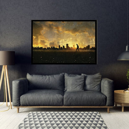 “Shadow Walk” by ArtixHub – surreal canvas wall art featuring a lone figure walking along a reflective city path under hazy skies, in soft gray, white, and gold tones. Ideal for offices, entryways, or studio spaces, this moody piece evokes solitude and contemplation, perfect for UAE homes that appreciate atmospheric storytelling through art.