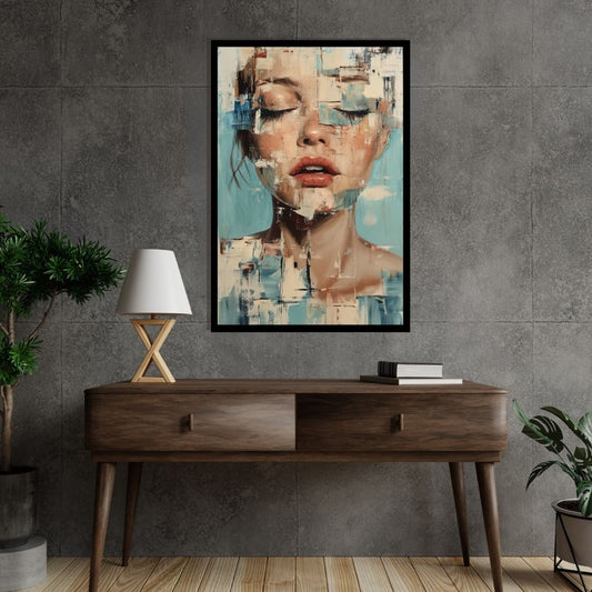 “Shattered Grace” by ArtixHub – figurative canvas wall art showing a woman's face fragmented into angular shards, with soft pastels and muted contrasts, ideal for bedrooms, dressing rooms, or reading nooks. This emotionally resonant piece speaks of vulnerability and transformation, perfect for UAE homes that embrace narrative and depth in décor.