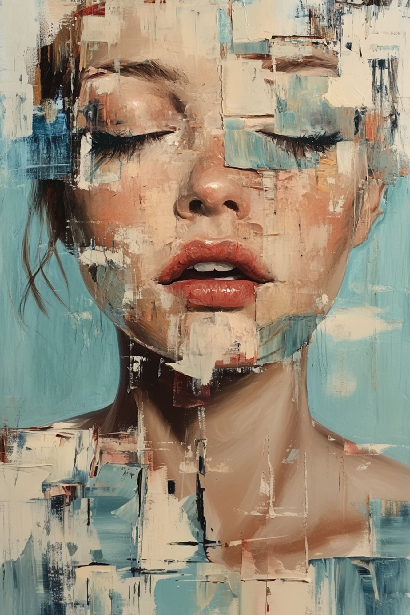 “Shattered Grace” by ArtixHub – figurative canvas wall art showing a woman's face fragmented into angular shards, with soft pastels and muted contrasts, ideal for bedrooms, dressing rooms, or reading nooks. This emotionally resonant piece speaks of vulnerability and transformation, perfect for UAE homes that embrace narrative and depth in décor.