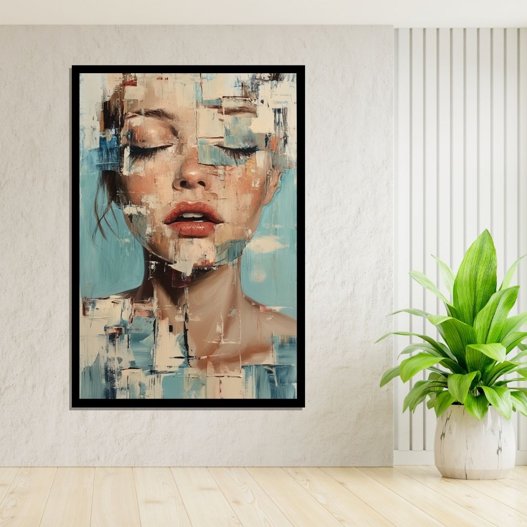 “Shattered Grace” by ArtixHub – figurative canvas wall art showing a woman's face fragmented into angular shards, with soft pastels and muted contrasts, ideal for bedrooms, dressing rooms, or reading nooks. This emotionally resonant piece speaks of vulnerability and transformation, perfect for UAE homes that embrace narrative and depth in décor.