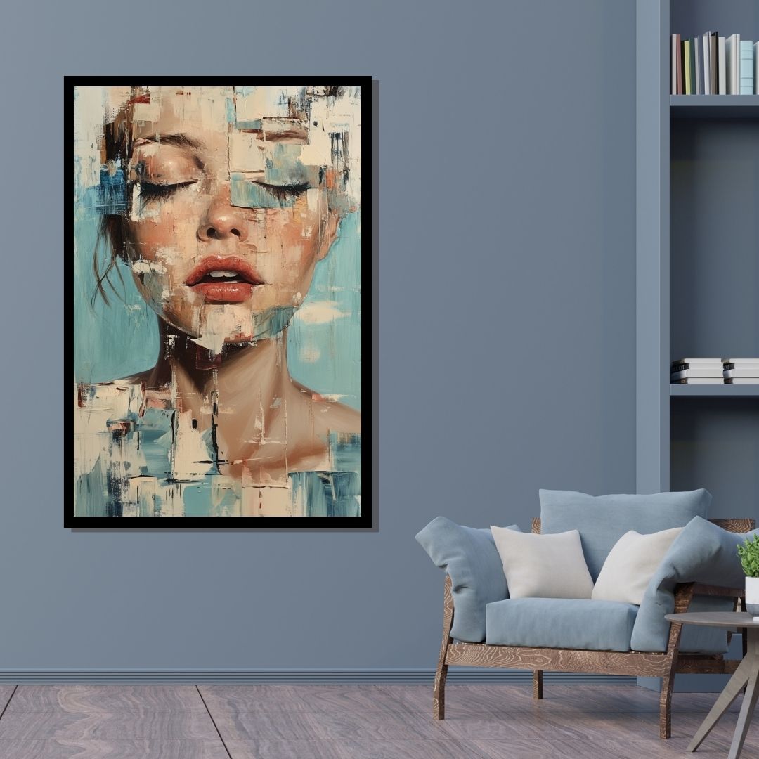 “Shattered Grace” by ArtixHub – figurative canvas wall art showing a woman's face fragmented into angular shards, with soft pastels and muted contrasts, ideal for bedrooms, dressing rooms, or reading nooks. This emotionally resonant piece speaks of vulnerability and transformation, perfect for UAE homes that embrace narrative and depth in décor.