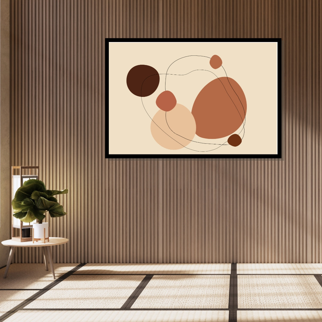 “Sienara” by Clara Moret – abstract minimalist canvas art featuring earthy sienna, terracotta, and beige forms outlined with thin black lines on a soft cream background.