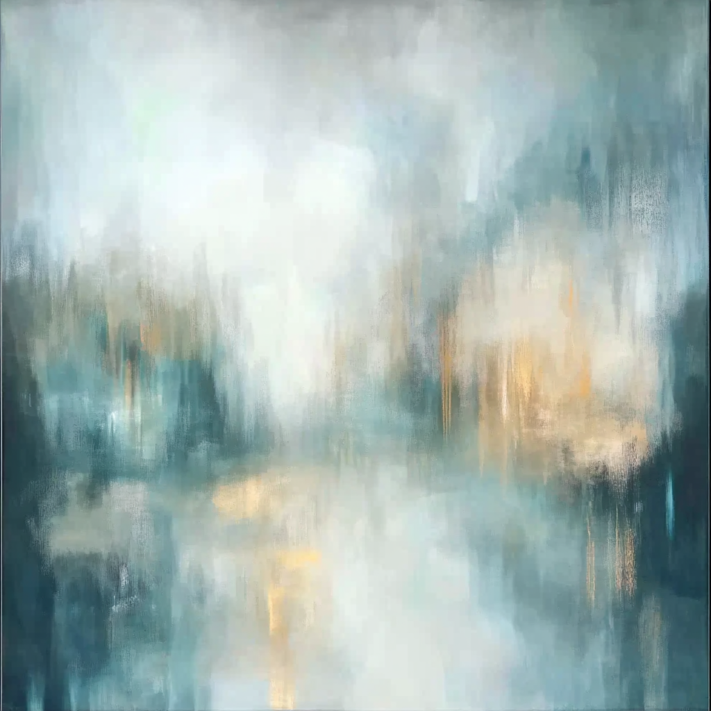 “Silent Lake” by Sarah Lemaire – abstract painting with turquoise, gold, and white tones inspired by the stillness of a lake in the morning light.