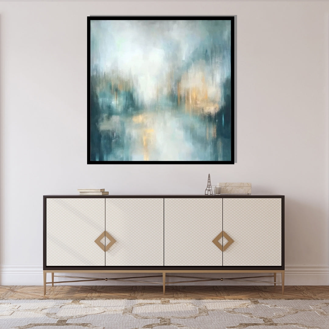 “Silent Lake” by Sarah Lemaire – abstract painting with turquoise, gold, and white tones inspired by the stillness of a lake in the morning light.