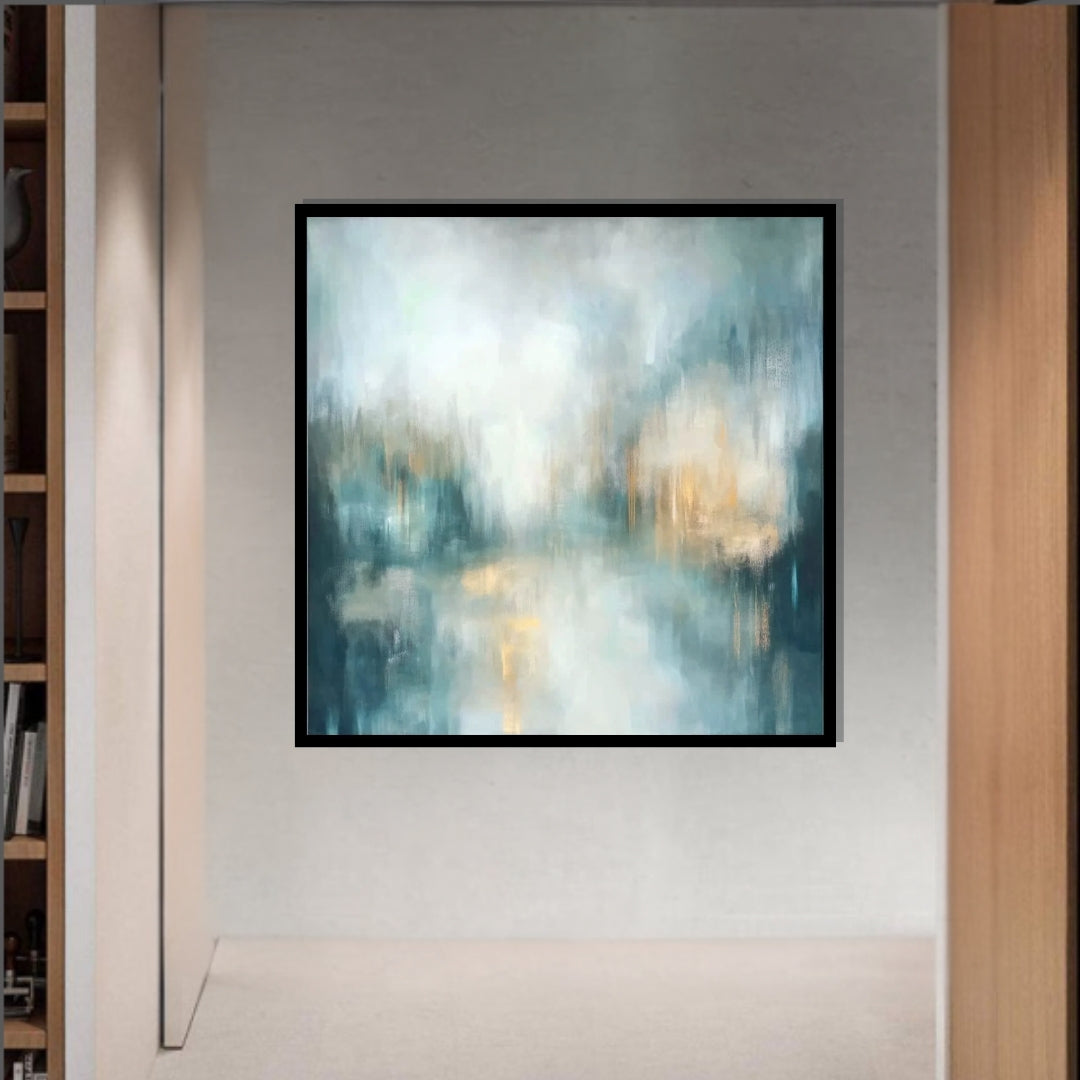 “Silent Lake” by Sarah Lemaire – abstract painting with turquoise, gold, and white tones inspired by the stillness of a lake in the morning light.