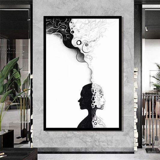 “Silhouette of Thought” by ArtixHub – surreal canvas wall art featuring mirrored female silhouettes in a yin-yang composition, painted in soft black, gray, and white tones. Ideal for wellness spaces, libraries, or bedrooms, this piece explores reflection, balance, and inner duality — perfect for UAE homes with a philosophical or serene aesthetic.
