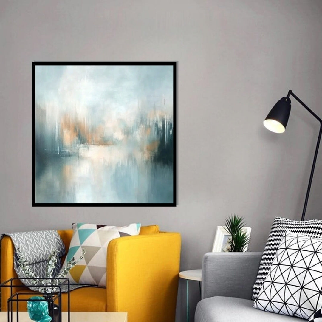 “Silta Shore” by Sarah Lemaire – abstract shoreline painting in pale aqua, blush, and soft grey tones, reflecting a misty coastal atmosphere