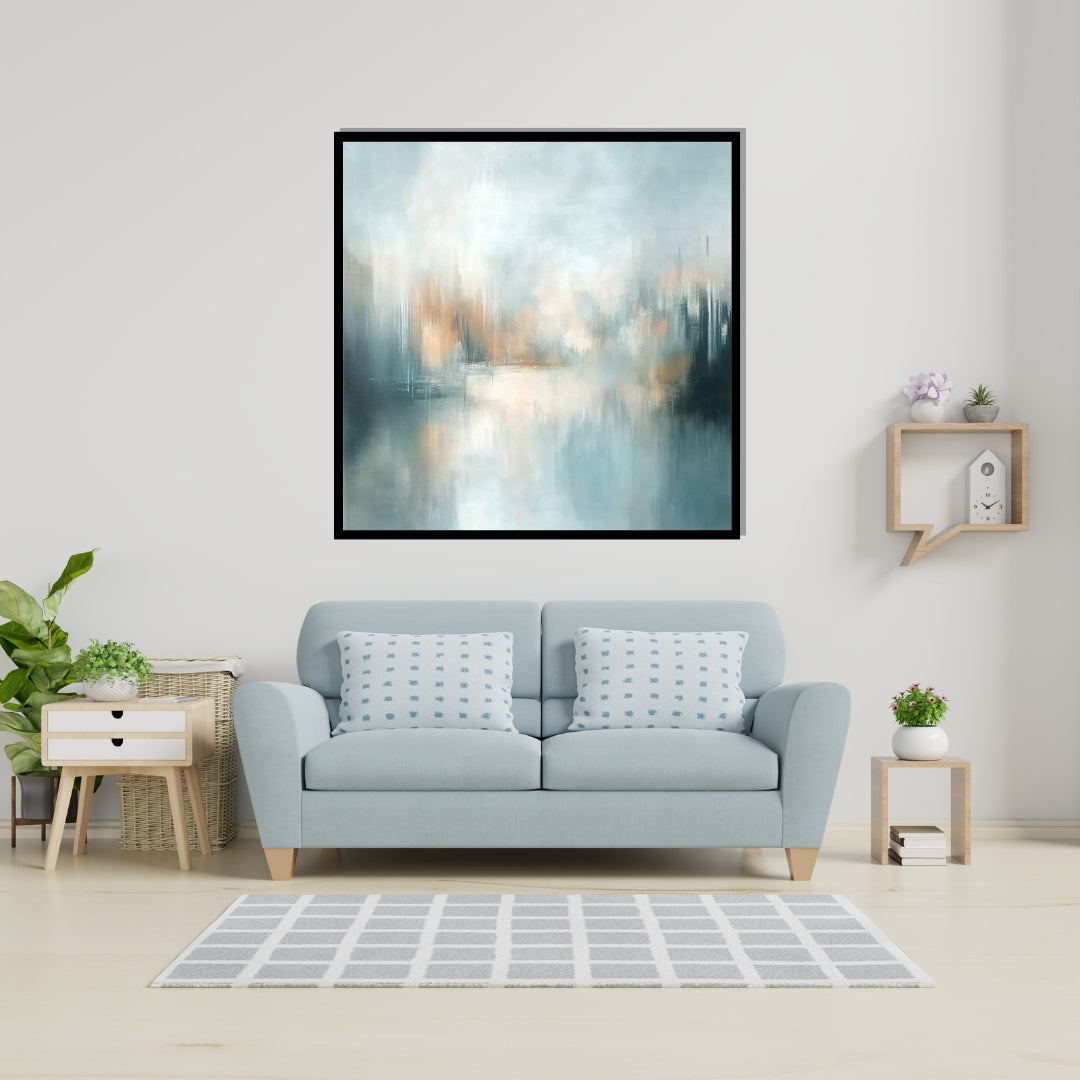 “Silta Shore” by Sarah Lemaire – abstract shoreline painting in pale aqua, blush, and soft grey tones, reflecting a misty coastal atmosphere