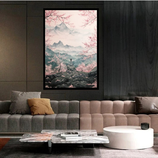 “Solace in Sakura” by ArtixHub – figurative canvas wall art showing a meditative figure perched on a ledge amid pink blossoms and distant mountains, painted in soft pastels and natural hues. Ideal for wellness spaces, bedrooms, or reading nooks, this peaceful artwork invites calm introspection and connection to nature — perfect for UAE homes seeking gentle harmony.
