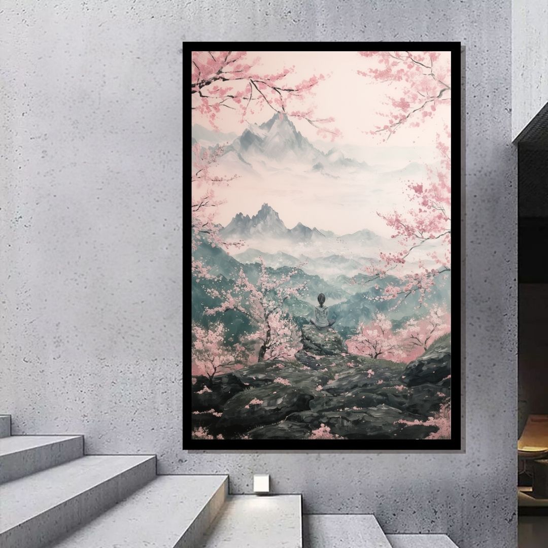 “Solace in Sakura” by ArtixHub – figurative canvas wall art showing a meditative figure perched on a ledge amid pink blossoms and distant mountains, painted in soft pastels and natural hues. Ideal for wellness spaces, bedrooms, or reading nooks, this peaceful artwork invites calm introspection and connection to nature — perfect for UAE homes seeking gentle harmony.