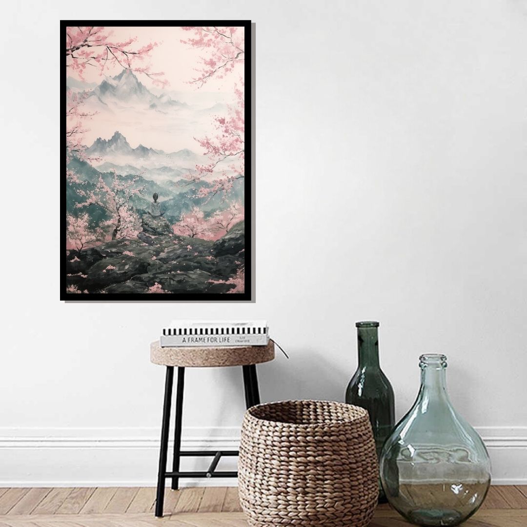 “Solace in Sakura” by ArtixHub – figurative canvas wall art showing a meditative figure perched on a ledge amid pink blossoms and distant mountains, painted in soft pastels and natural hues. Ideal for wellness spaces, bedrooms, or reading nooks, this peaceful artwork invites calm introspection and connection to nature — perfect for UAE homes seeking gentle harmony.