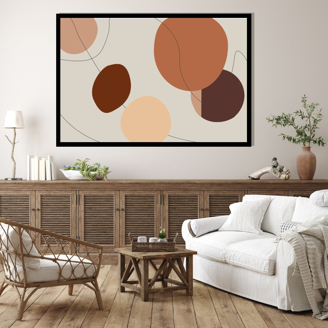 “Solune” by Clara Moret – minimalist abstract artwork featuring warm earthy tones in brown, rust, beige, and nude shapes layered over a light neutral background with floating black lines.