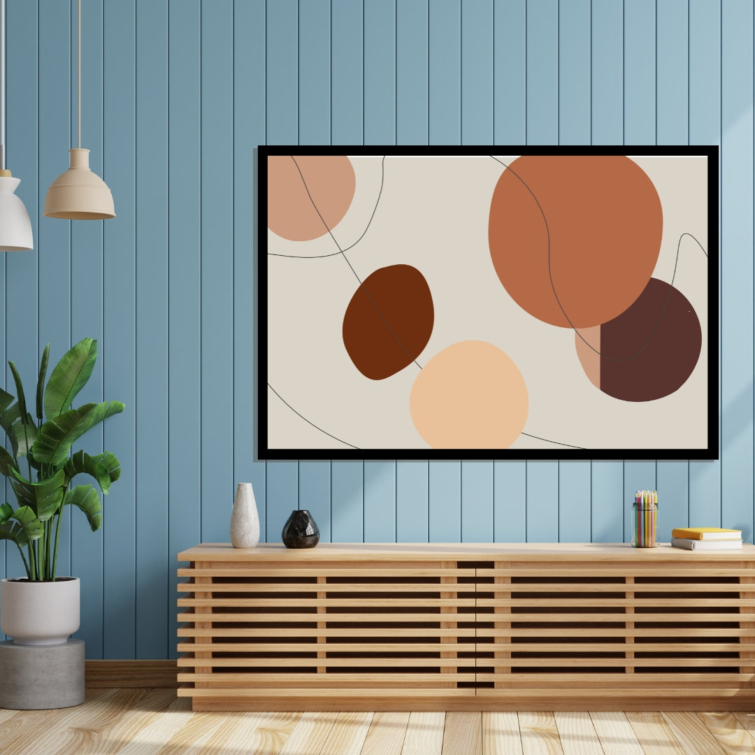 “Solune” by Clara Moret – minimalist abstract artwork featuring warm earthy tones in brown, rust, beige, and nude shapes layered over a light neutral background with floating black lines.