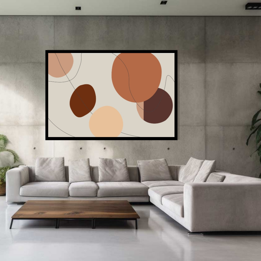 “Solune” by Clara Moret – minimalist abstract artwork featuring warm earthy tones in brown, rust, beige, and nude shapes layered over a light neutral background with floating black lines.