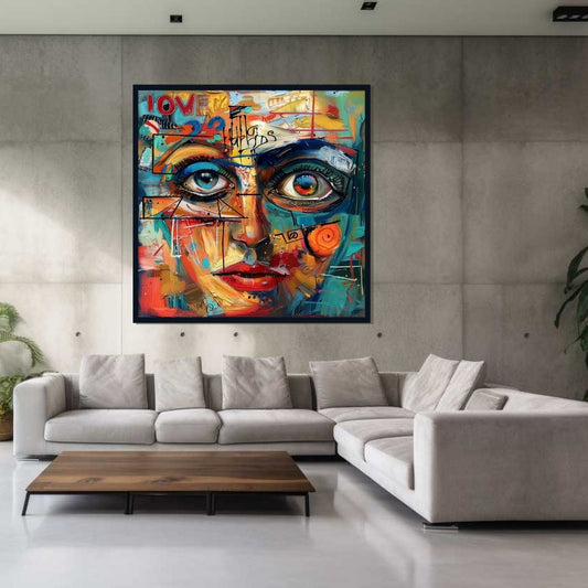 “Soul’s Spectrum” by ArtixHub – figurative canvas wall art of a woman’s face captured through bold expressive strokes in vibrant rainbow hues, creating a powerful blend of identity and emotion. Ideal for dressing rooms, studios, or reading nooks, this piece brings intense character and chromatic energy to UAE homes that value color-rich storytelling.