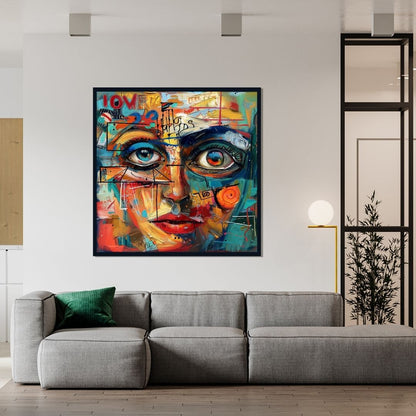 “Soul’s Spectrum” by ArtixHub – figurative canvas wall art of a woman’s face captured through bold expressive strokes in vibrant rainbow hues, creating a powerful blend of identity and emotion. Ideal for dressing rooms, studios, or reading nooks, this piece brings intense character and chromatic energy to UAE homes that value color-rich storytelling.