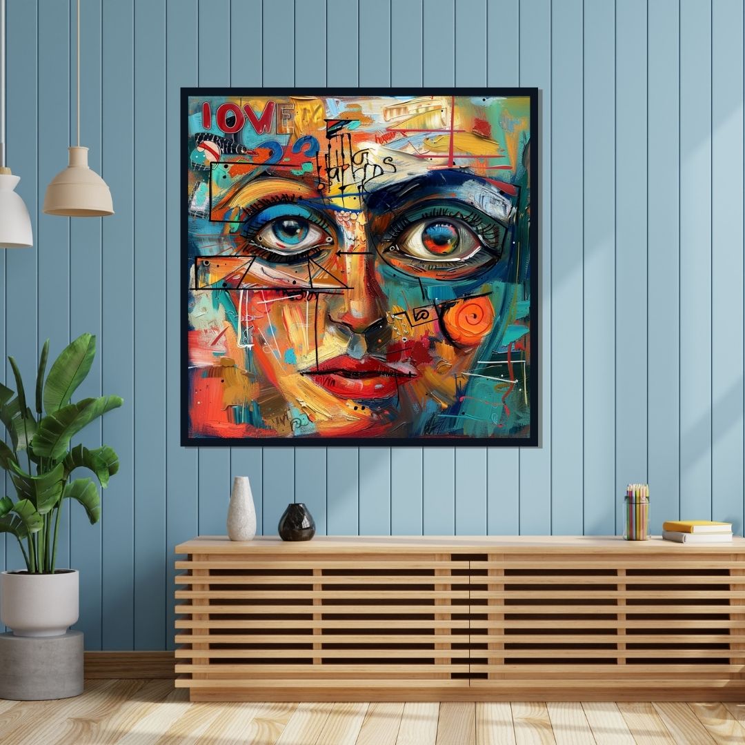 “Soul’s Spectrum” by ArtixHub – figurative canvas wall art of a woman’s face captured through bold expressive strokes in vibrant rainbow hues, creating a powerful blend of identity and emotion. Ideal for dressing rooms, studios, or reading nooks, this piece brings intense character and chromatic energy to UAE homes that value color-rich storytelling.