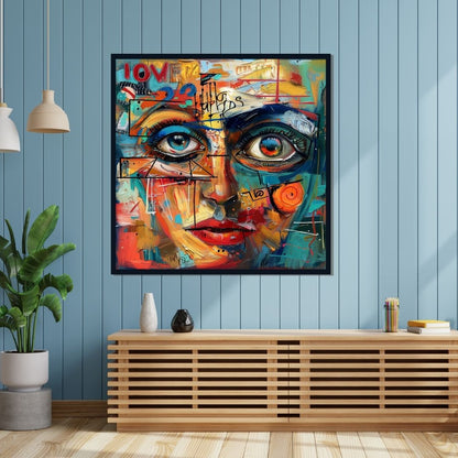 “Soul’s Spectrum” by ArtixHub – figurative canvas wall art of a woman’s face captured through bold expressive strokes in vibrant rainbow hues, creating a powerful blend of identity and emotion. Ideal for dressing rooms, studios, or reading nooks, this piece brings intense character and chromatic energy to UAE homes that value color-rich storytelling.