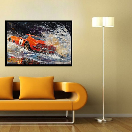 “Splash of Speed” by ArtixHub – canvas wall art of a red sports car drifting through a wave of paint splashes in gray, black, and crimson, captured in mid-motion. Ideal for game rooms, studios, or modern lounges, this high-energy piece fuels excitement and adrenaline in UAE homes with a passion for automotive art and bold visuals.
