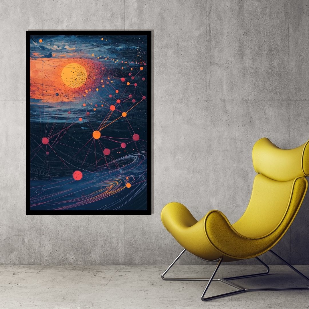 “Stellar Nexus” by ArtixHub – surreal canvas wall art featuring golden constellations, interconnected webs, and radiant celestial energy over a cosmic backdrop. Ideal for studios, wellness areas, or bedrooms, this visionary piece invites imagination, introspection, and spiritual connection into UAE homes with a cosmic soul.