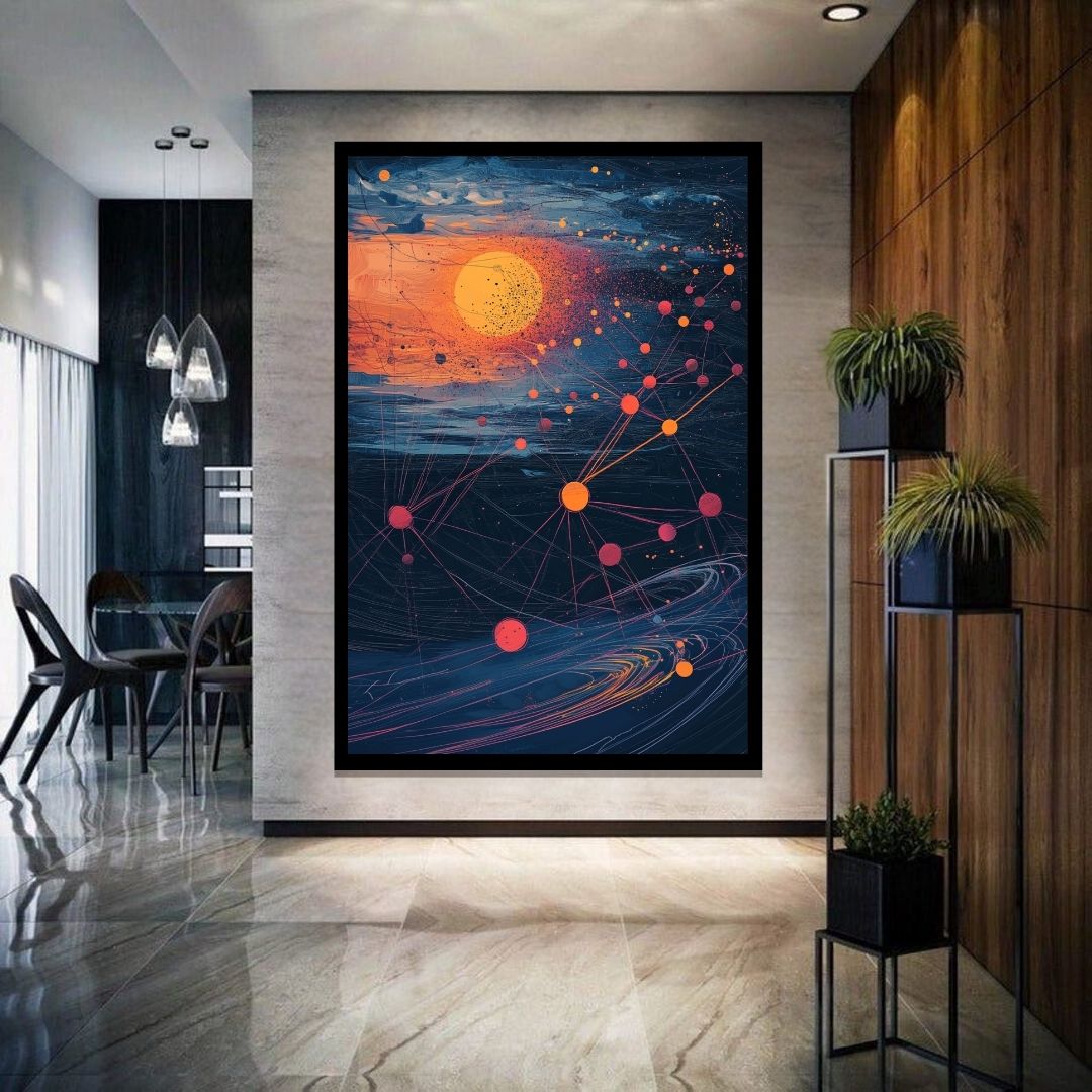 “Stellar Nexus” by ArtixHub – surreal canvas wall art featuring golden constellations, interconnected webs, and radiant celestial energy over a cosmic backdrop. Ideal for studios, wellness areas, or bedrooms, this visionary piece invites imagination, introspection, and spiritual connection into UAE homes with a cosmic soul.