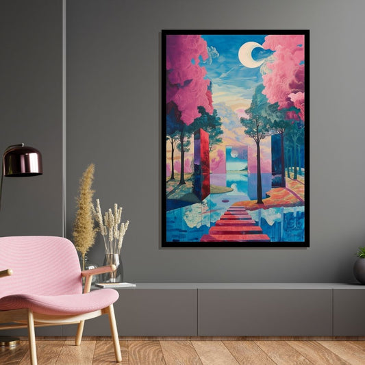“Surreal Path” by ArtixHub – surreal canvas wall art featuring a luminous water trail winding through a mystical pink-toned forest under a soft pastel sky. Ideal for wellness rooms, reading nooks, or bedrooms, this imaginative piece adds otherworldly calm and meditative beauty to UAE homes with a love for fantastical natural escapes.