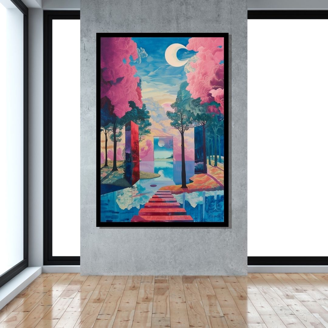 “Surreal Path” by ArtixHub – surreal canvas wall art featuring a luminous water trail winding through a mystical pink-toned forest under a soft pastel sky. Ideal for wellness rooms, reading nooks, or bedrooms, this imaginative piece adds otherworldly calm and meditative beauty to UAE homes with a love for fantastical natural escapes.