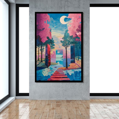 “Surreal Path” by ArtixHub – surreal canvas wall art featuring a luminous water trail winding through a mystical pink-toned forest under a soft pastel sky. Ideal for wellness rooms, reading nooks, or bedrooms, this imaginative piece adds otherworldly calm and meditative beauty to UAE homes with a love for fantastical natural escapes.