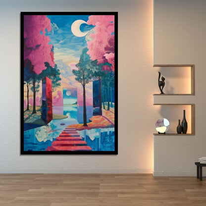 “Surreal Path” by ArtixHub – surreal canvas wall art featuring a luminous water trail winding through a mystical pink-toned forest under a soft pastel sky. Ideal for wellness rooms, reading nooks, or bedrooms, this imaginative piece adds otherworldly calm and meditative beauty to UAE homes with a love for fantastical natural escapes.