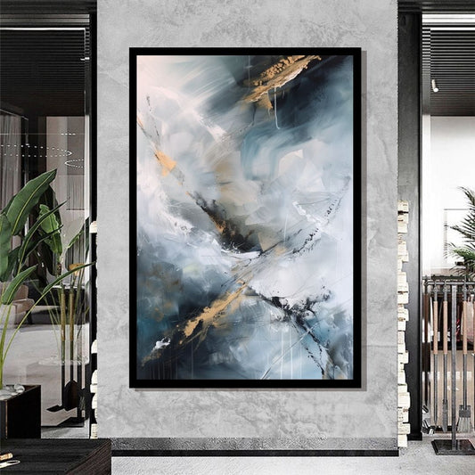 “Temporal Shift” by ArtixHub – abstract canvas wall art with sweeping black, white, and electric blue lines suggesting the passage of time and movement. Ideal for office spaces, studios, or reading nooks, this bold modern piece brings momentum and intrigue to UAE homes with a taste for dynamic, contemporary design.