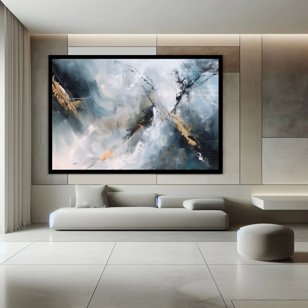 “Temporal Shift” by ArtixHub – abstract canvas wall art with sweeping black, white, and electric blue lines suggesting the passage of time and movement. Ideal for office spaces, studios, or reading nooks, this bold modern piece brings momentum and intrigue to UAE homes with a taste for dynamic, contemporary design.