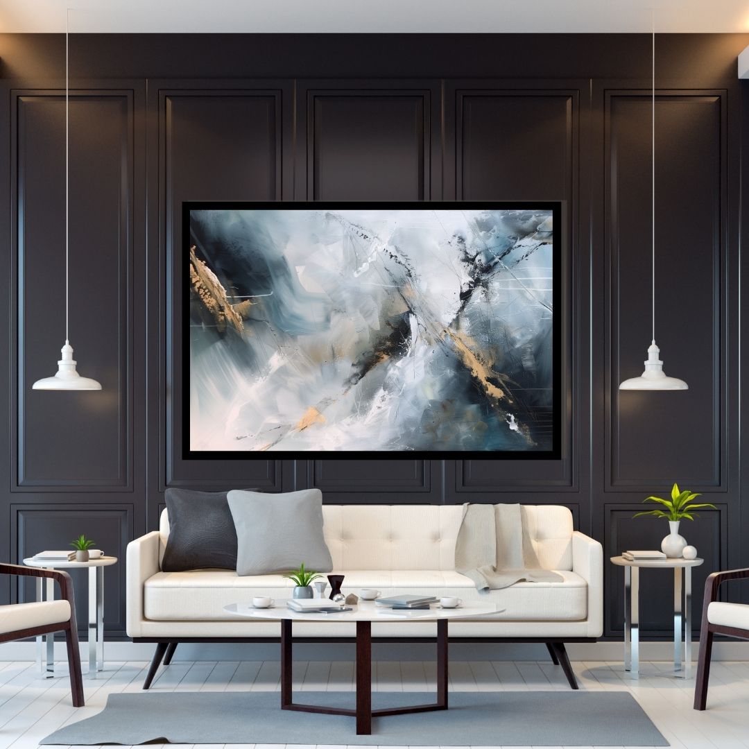 “Temporal Shift” by ArtixHub – abstract canvas wall art with sweeping black, white, and electric blue lines suggesting the passage of time and movement. Ideal for office spaces, studios, or reading nooks, this bold modern piece brings momentum and intrigue to UAE homes with a taste for dynamic, contemporary design.