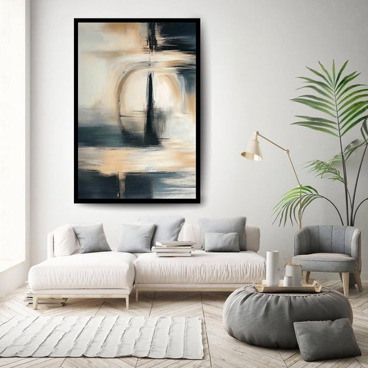 Abstract painting of a boat on water with moody reflections and layered brush strokes in blue, beige, and black tones – ArtixHub