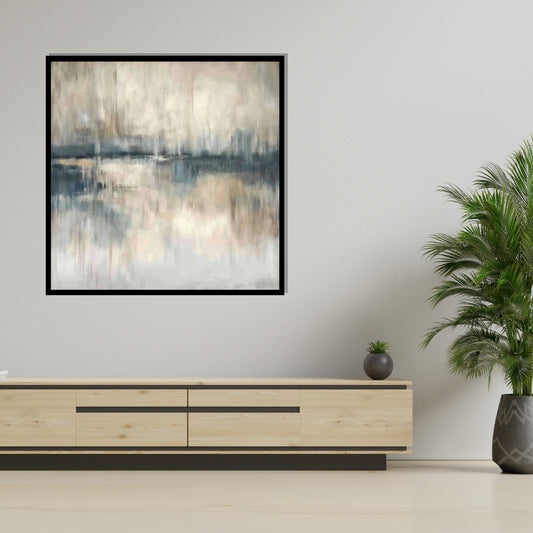 “Tide Whisper” by Sarah Lemaire – abstract shoreline painting in muted blush, blue, and beige tones with a soft mirrored tide and minimalist calm.