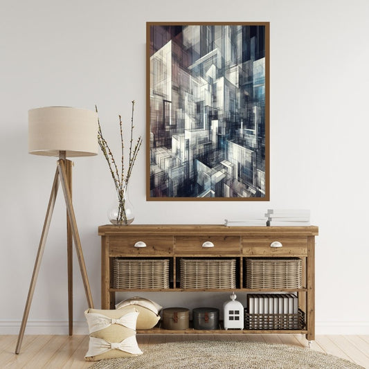 “Translucent Wireframe” by ArtixHub – abstract canvas wall art with intersecting lines and layered forms in warm beige, cream, and soft gray tones, evoking a digital architectural sketch. Ideal for offices, studios, or modern hallways, this crisp and minimal piece brings structure and clarity to UAE interiors with a refined geometric edge.