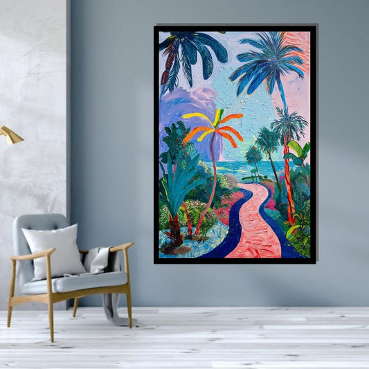 “Tropical Voyage” by ArtixHub – vibrant canvas wall art showcasing a dreamy tropical path lined with pink and coral palm trees, leading to a hazy horizon under a glowing sky. Ideal for bedrooms, wellness spaces, or entryways, this piece brings wanderlust, warmth, and exotic charm to UAE homes with bold, nature-inspired aesthetics.