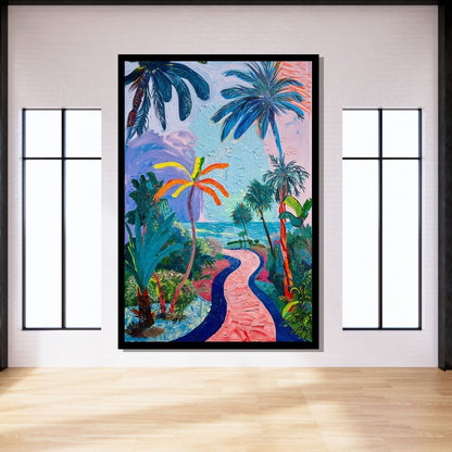 “Tropical Voyage” by ArtixHub – vibrant canvas wall art showcasing a dreamy tropical path lined with pink and coral palm trees, leading to a hazy horizon under a glowing sky. Ideal for bedrooms, wellness spaces, or entryways, this piece brings wanderlust, warmth, and exotic charm to UAE homes with bold, nature-inspired aesthetics.