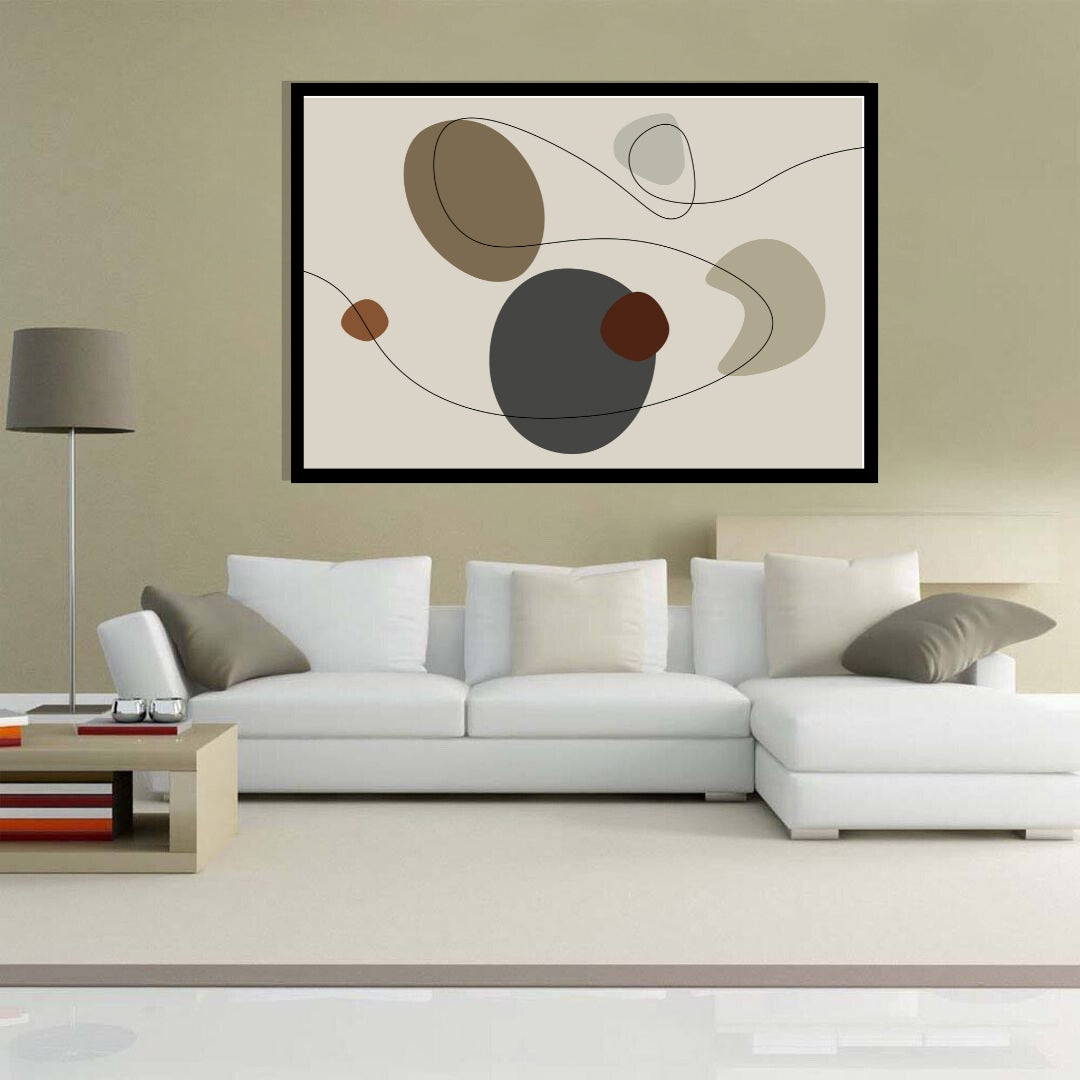 “Tundra” by Clara Moret – minimalist abstract artwork with overlapping brown, taupe, charcoal, and neutral-toned shapes intersected by flowing black linework on a beige background.
