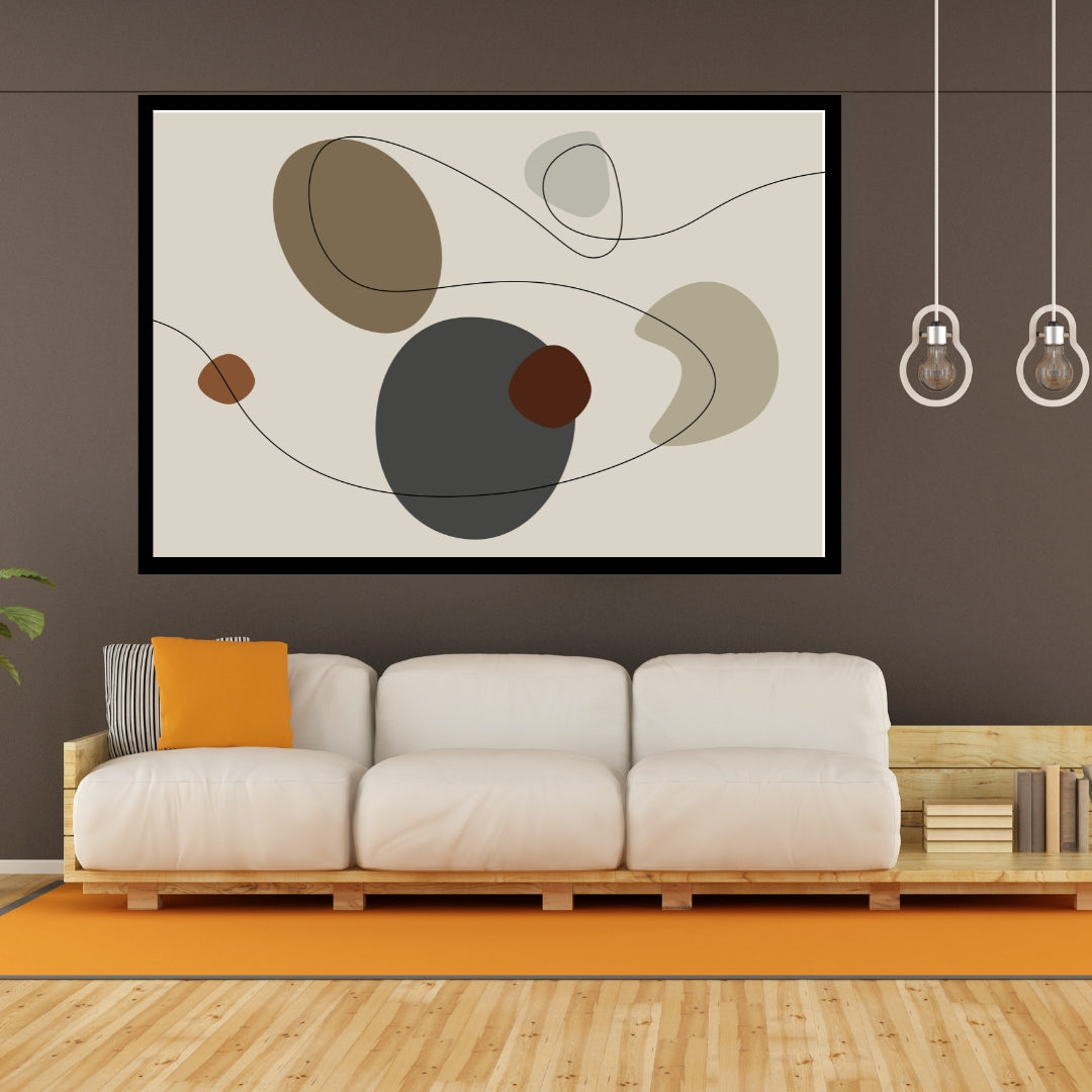 “Tundra” by Clara Moret – minimalist abstract artwork with overlapping brown, taupe, charcoal, and neutral-toned shapes intersected by flowing black linework on a beige background.
