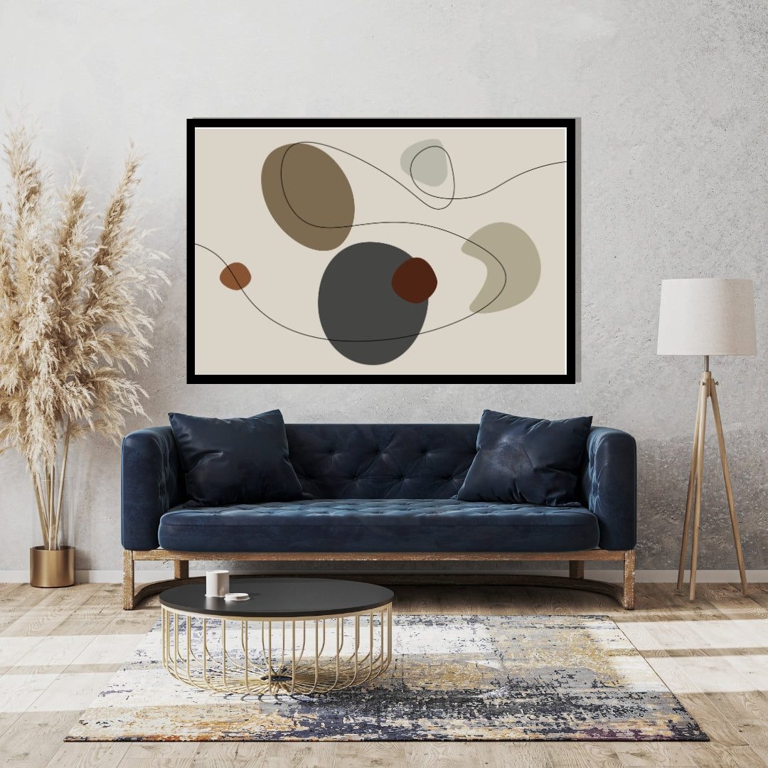 “Tundra” by Clara Moret – minimalist abstract artwork with overlapping brown, taupe, charcoal, and neutral-toned shapes intersected by flowing black linework on a beige background.
