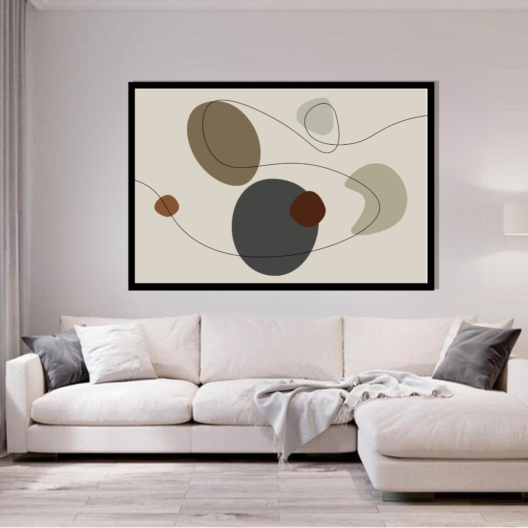 “Tundra” by Clara Moret – minimalist abstract artwork with overlapping brown, taupe, charcoal, and neutral-toned shapes intersected by flowing black linework on a beige background.