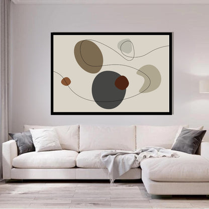 “Tundra” by Clara Moret – minimalist abstract artwork with overlapping brown, taupe, charcoal, and neutral-toned shapes intersected by flowing black linework on a beige background.