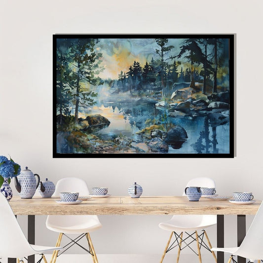 “Twilight Tranquility” by ArtixHub – landscape canvas wall art portraying a peaceful river cutting through a rocky forest at sunset, with golden skies and misty trees. Ideal for bedrooms, wellness corners, or lounge spaces, this serene piece brings harmony and grounded warmth to UAE homes inspired by nature’s quiet beauty.