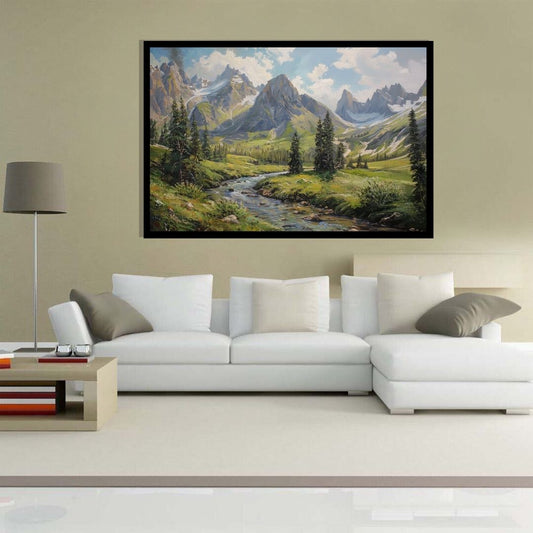 “Valley of Dreams” by ArtixHub – landscape canvas wall art portraying a lush green valley with a flowing river and majestic mountains in soft blue and sage tones. Ideal for bedrooms, wellness spaces, or reading nooks, this tranquil piece brings natural beauty and peace to UAE homes with a serene, scenic aesthetic.