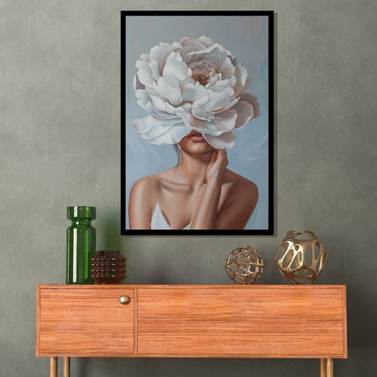 “Veiled Blossom” by ArtixHub – figurative canvas wall art blending realism and surrealism, featuring a soft-toned female portrait where a white flower blooms across her eyes. Ideal for bedrooms, dressing rooms, or lounge areas, this elegant piece adds quiet emotion and symbolic beauty to UAE homes with an introspective artistic soul.